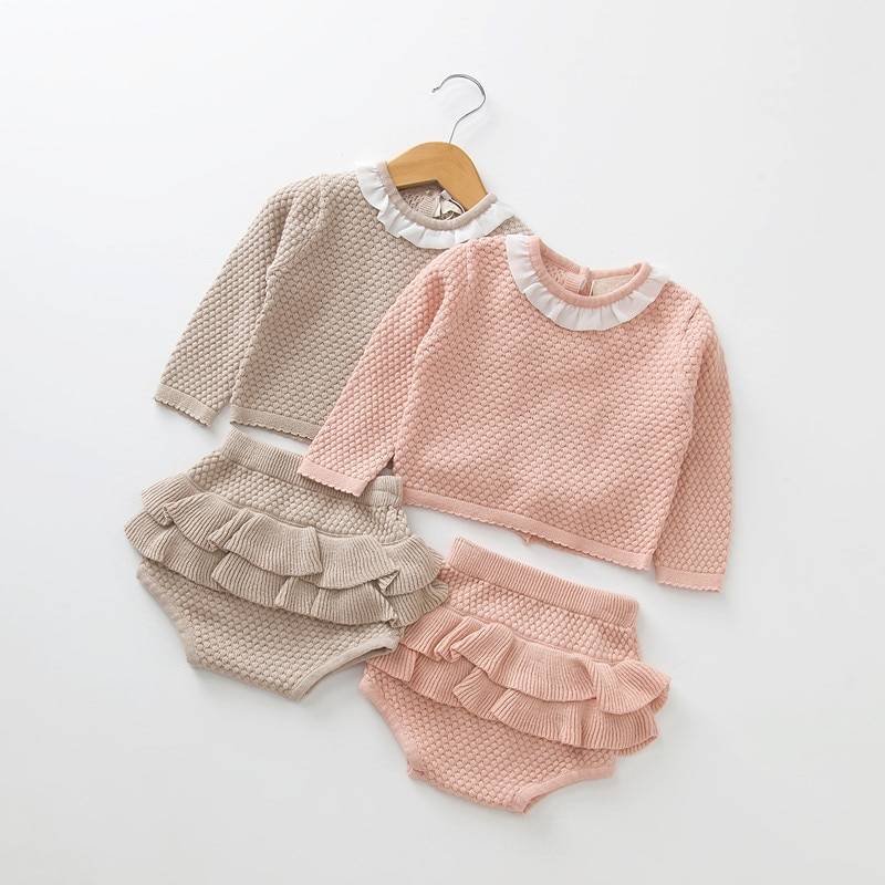 Baby Girl's Long Sleeve Knitted Sweater with Shorts Set